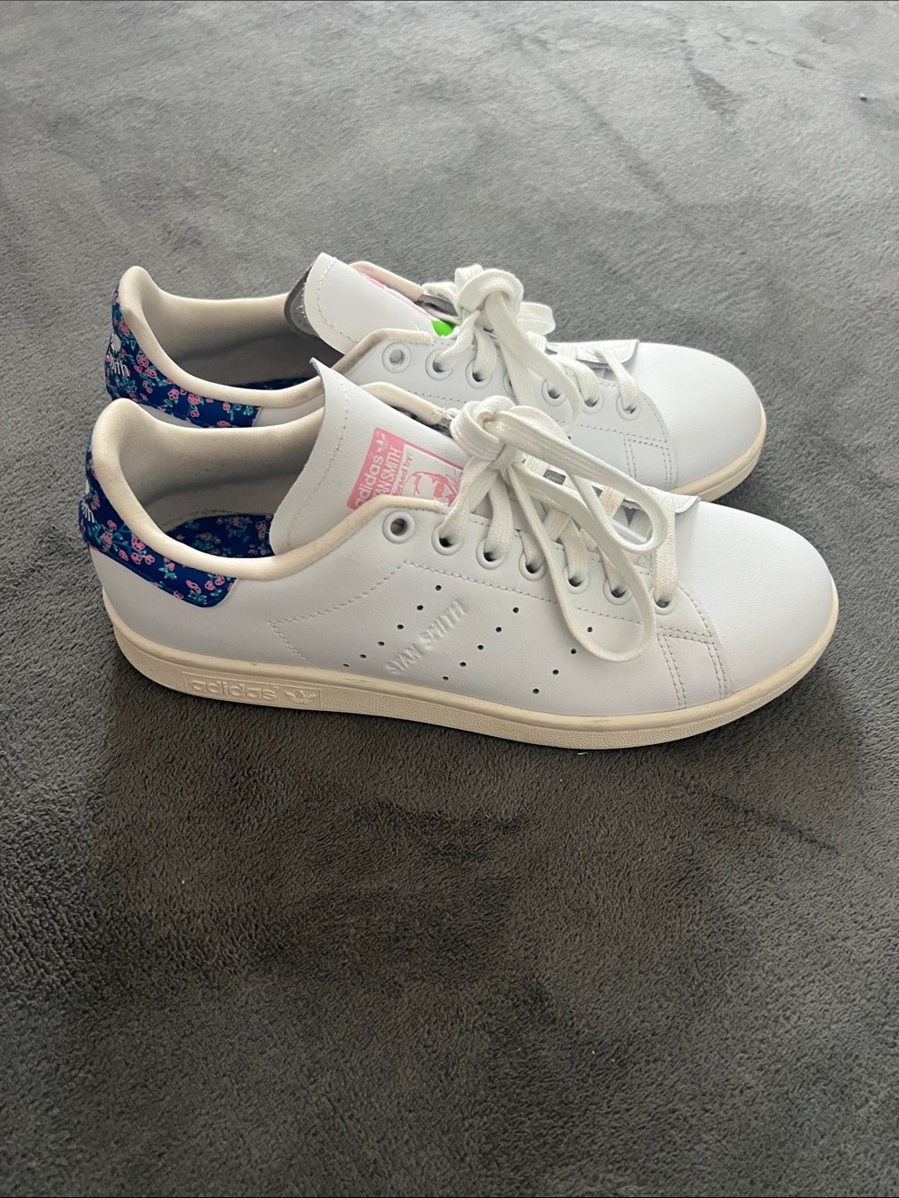 adidas White Sneakers with Blue Floral Heel Accent